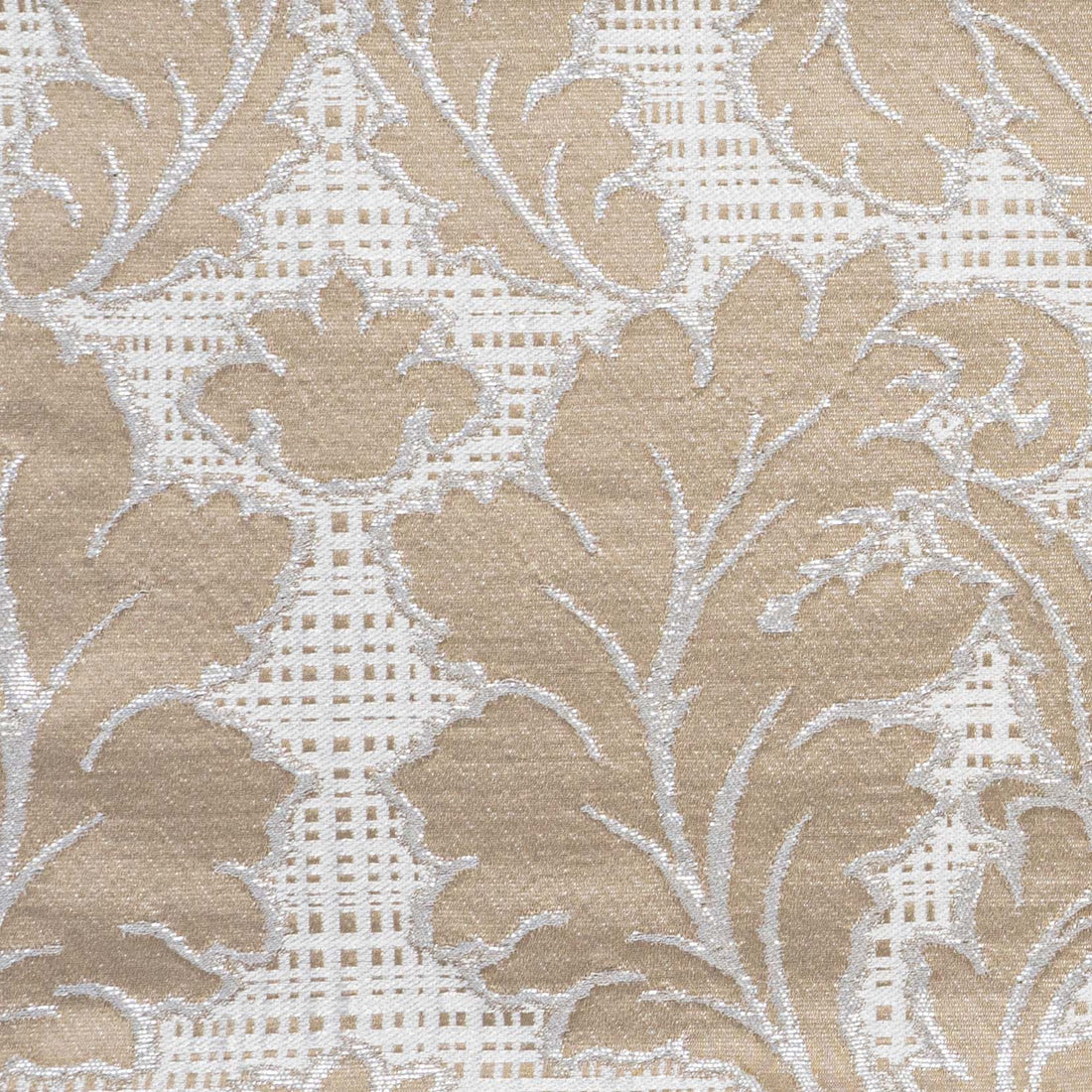 A close-up of the American Silk Mills Florence beige damask fabric.