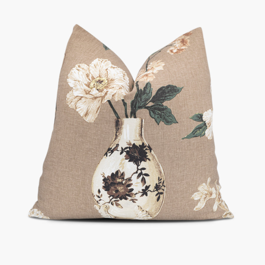 Floral throw pillow with an Asian flower and vase motif in brown and green