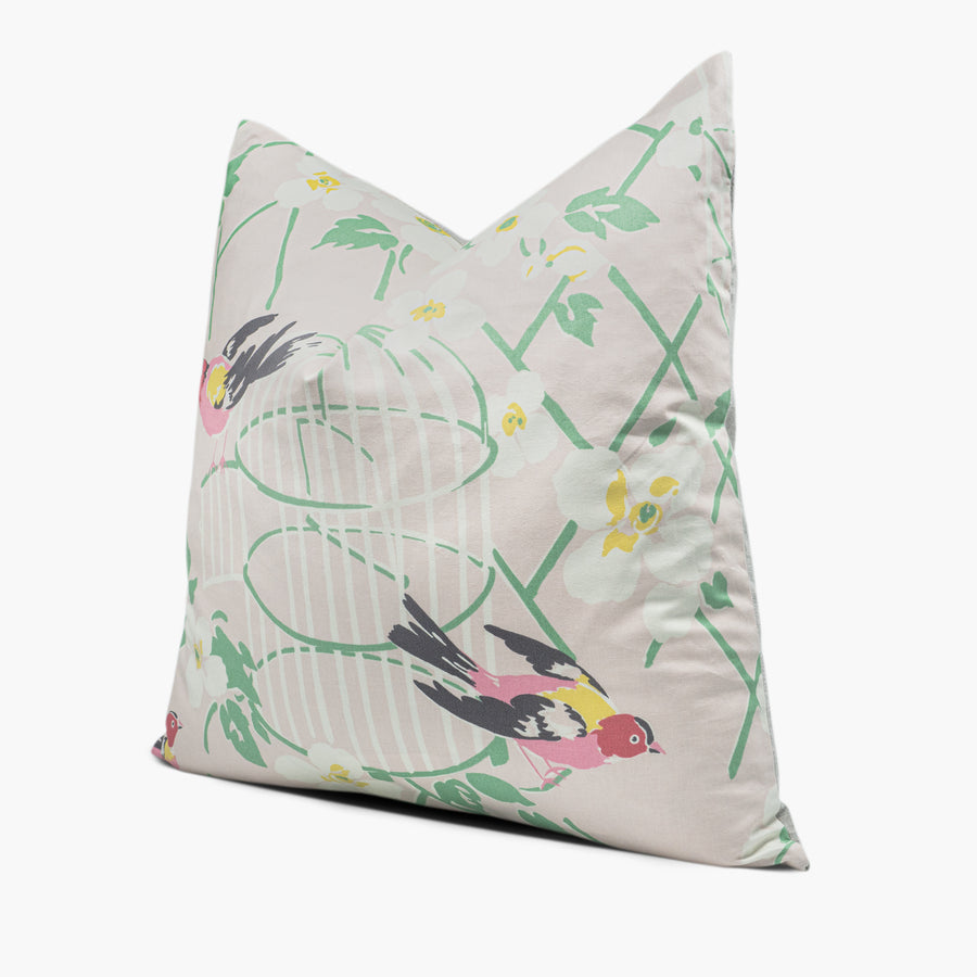 Side view of blush pink throw pillow featuring Kate Spade Birdsong fabric