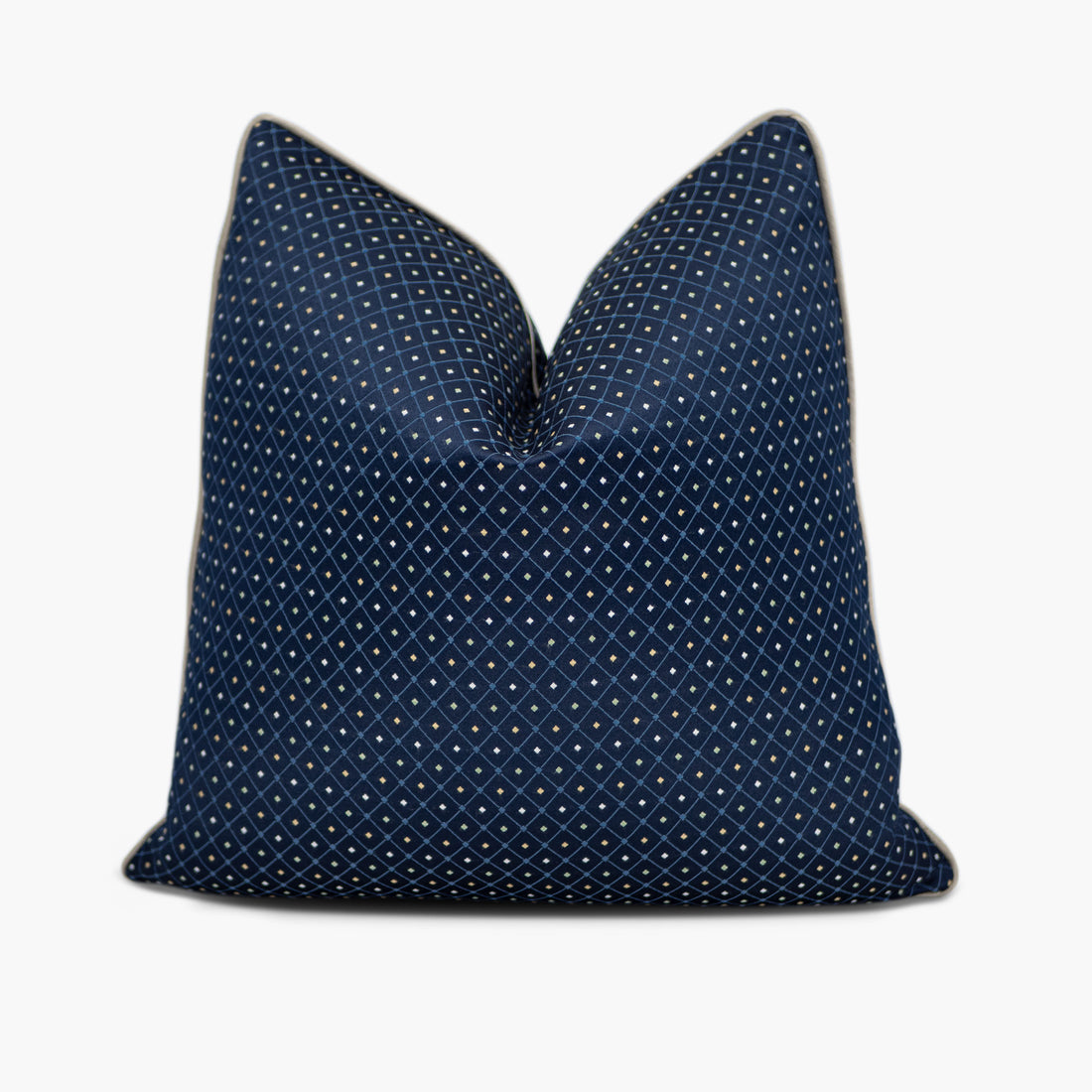 Dark blue throw pillow with a repeating diamond pattern