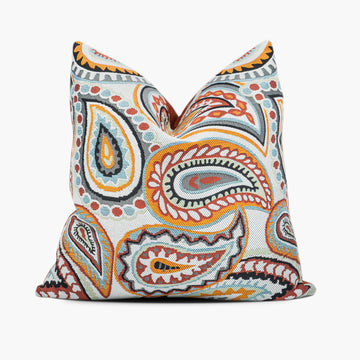 Boho paisley throw pillow in red, orange, and blue