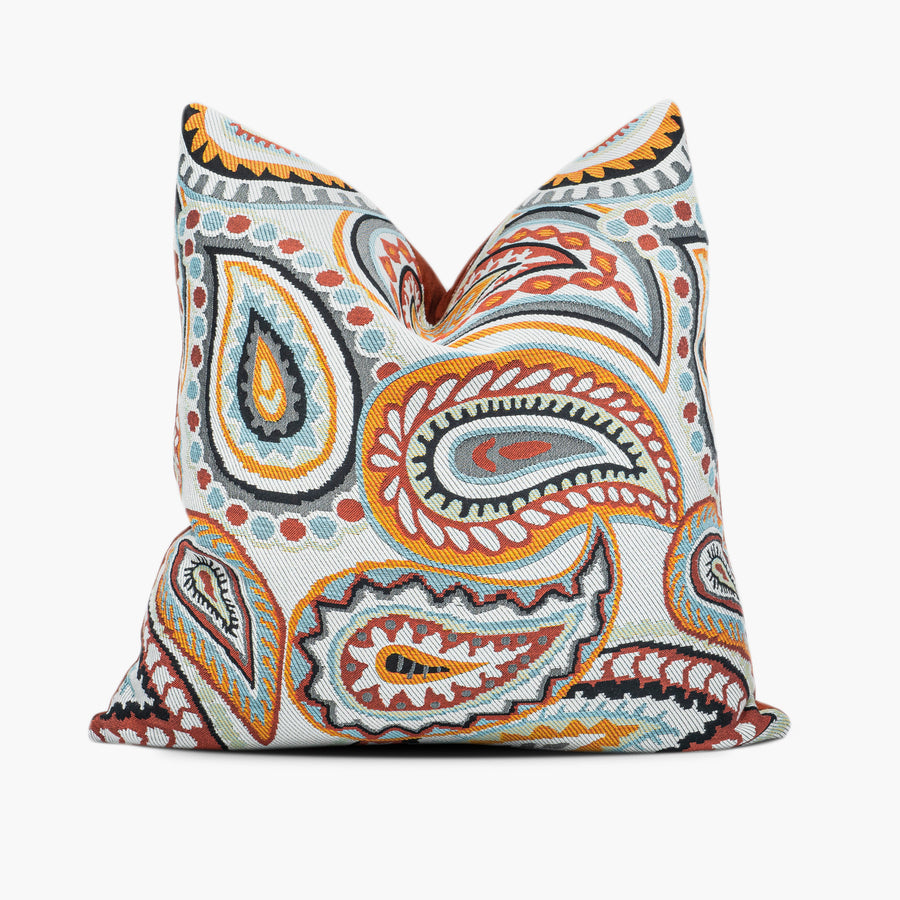 Boho paisley throw pillow in red, orange, and blue