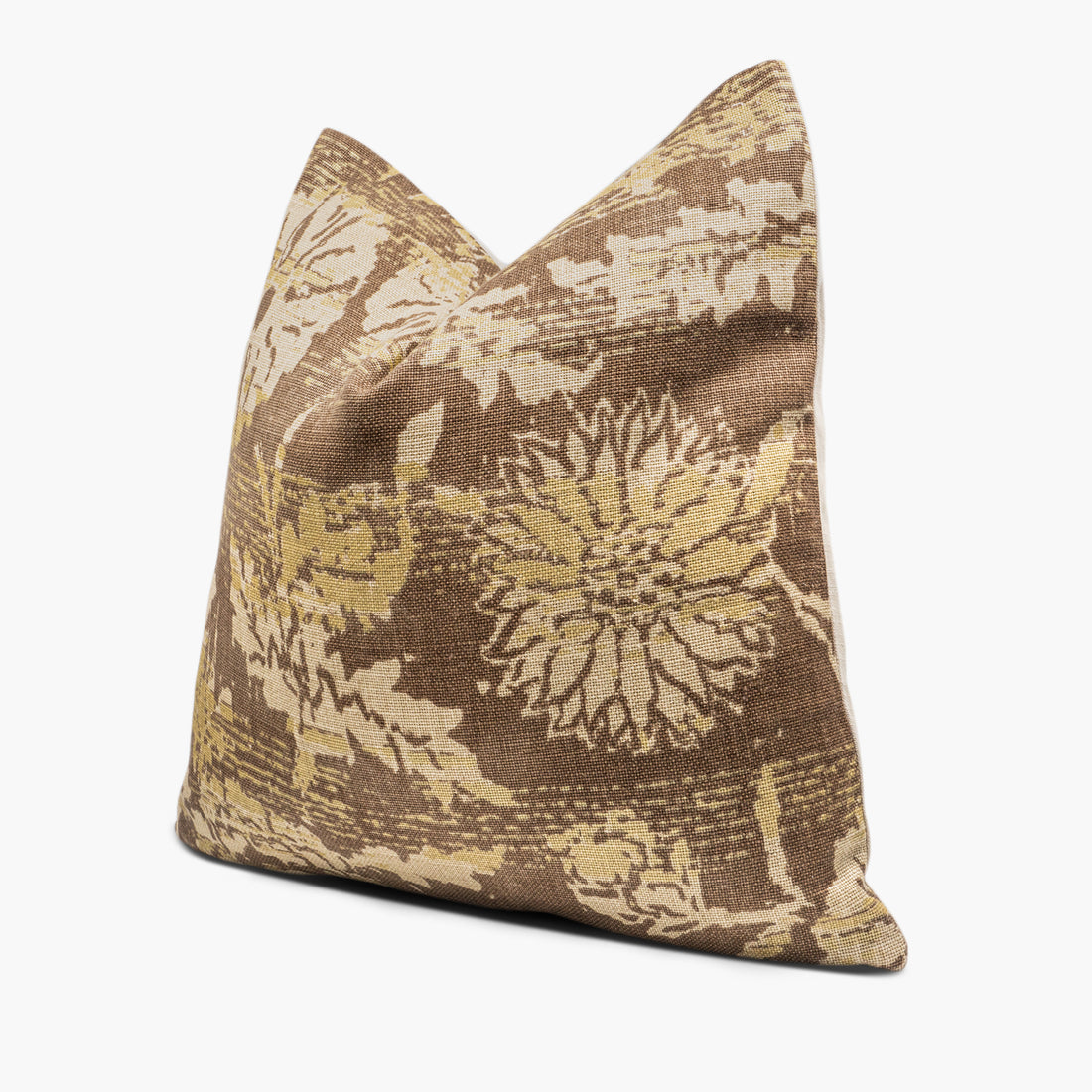 Side view of floral throw pillow featuring Ralph Lauren Sonoran Linen fabric in brown and gold