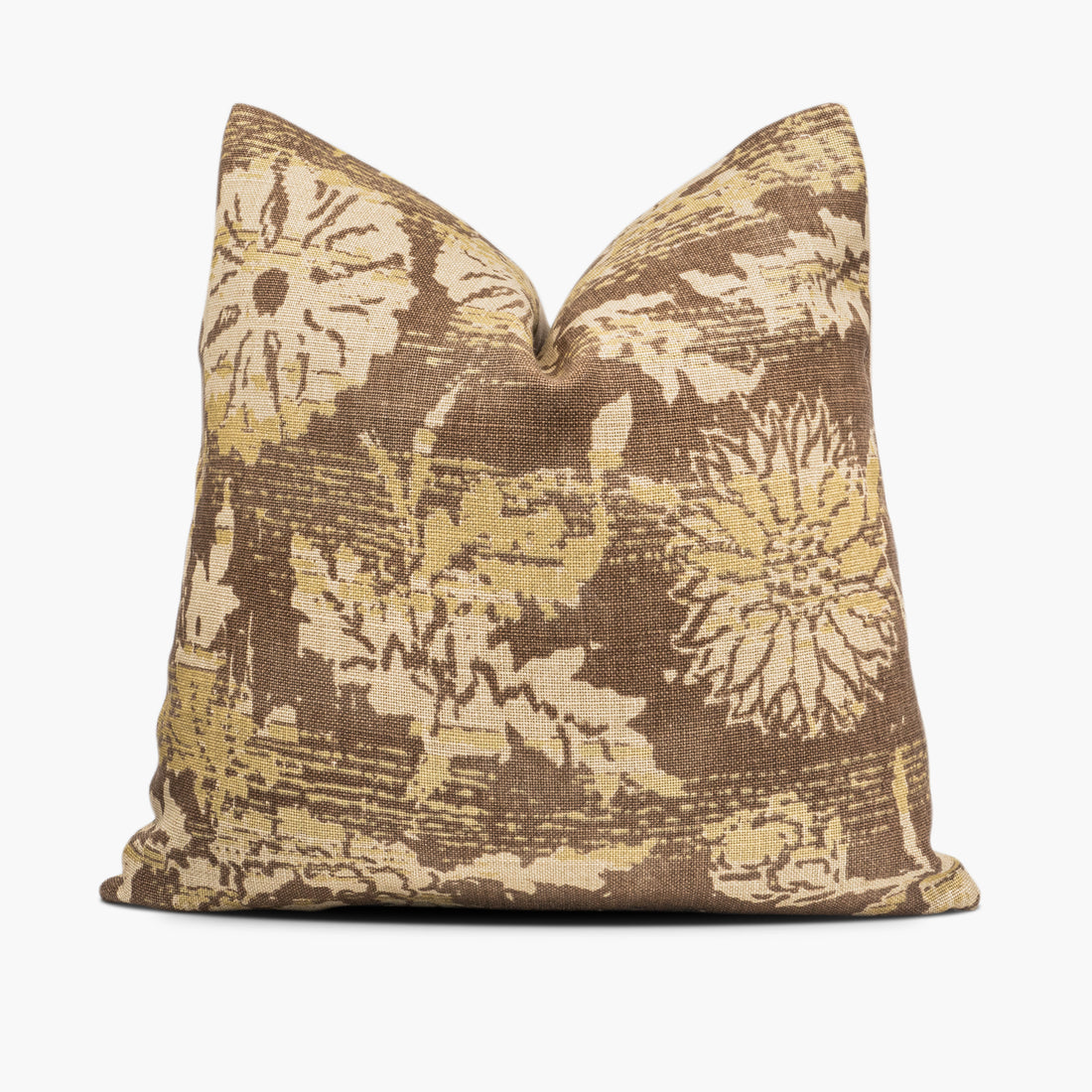 Floral throw pillow featuring Ralph Lauren Sonoran Linen fabric in brown and gold