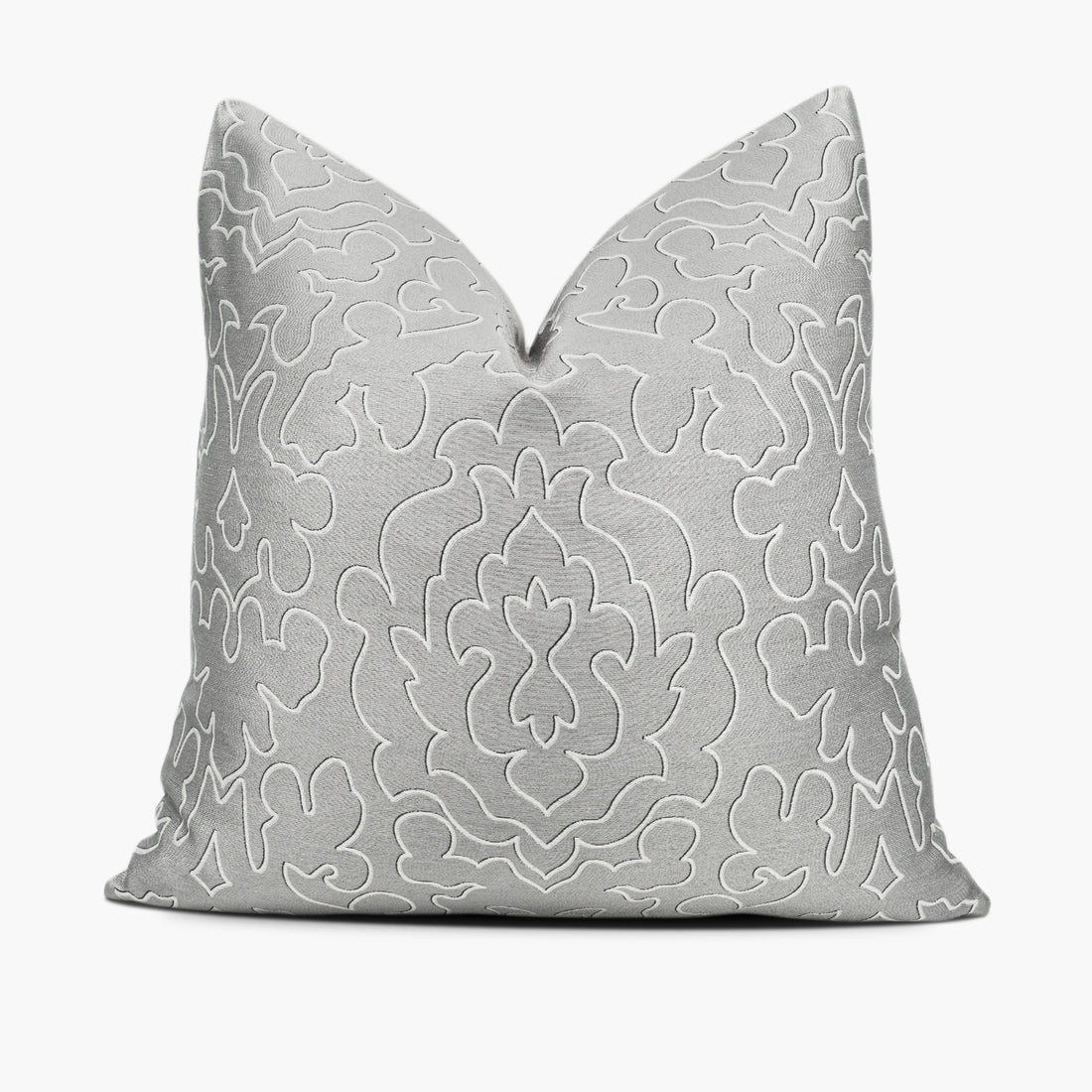 Damask throw pillow cushion in silver and white