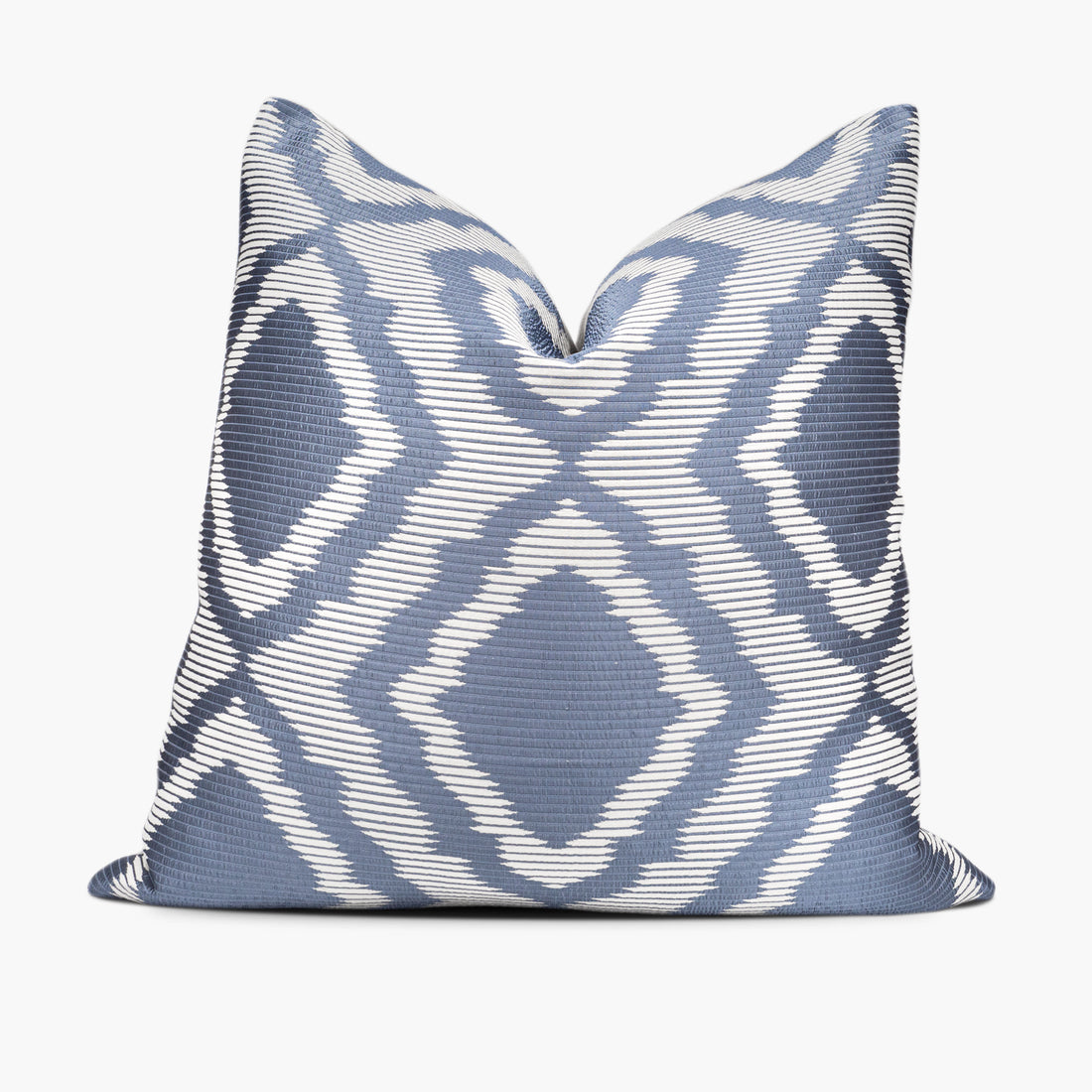 Geometric throw pillow with a blue and white diamond lattice motif