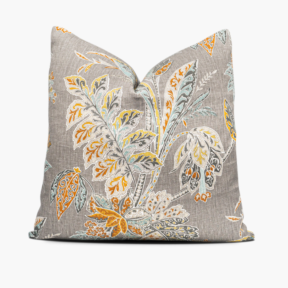 Warm gray linen throw pillow with an exotic floral motif in yellow, orange, and light aqua blue