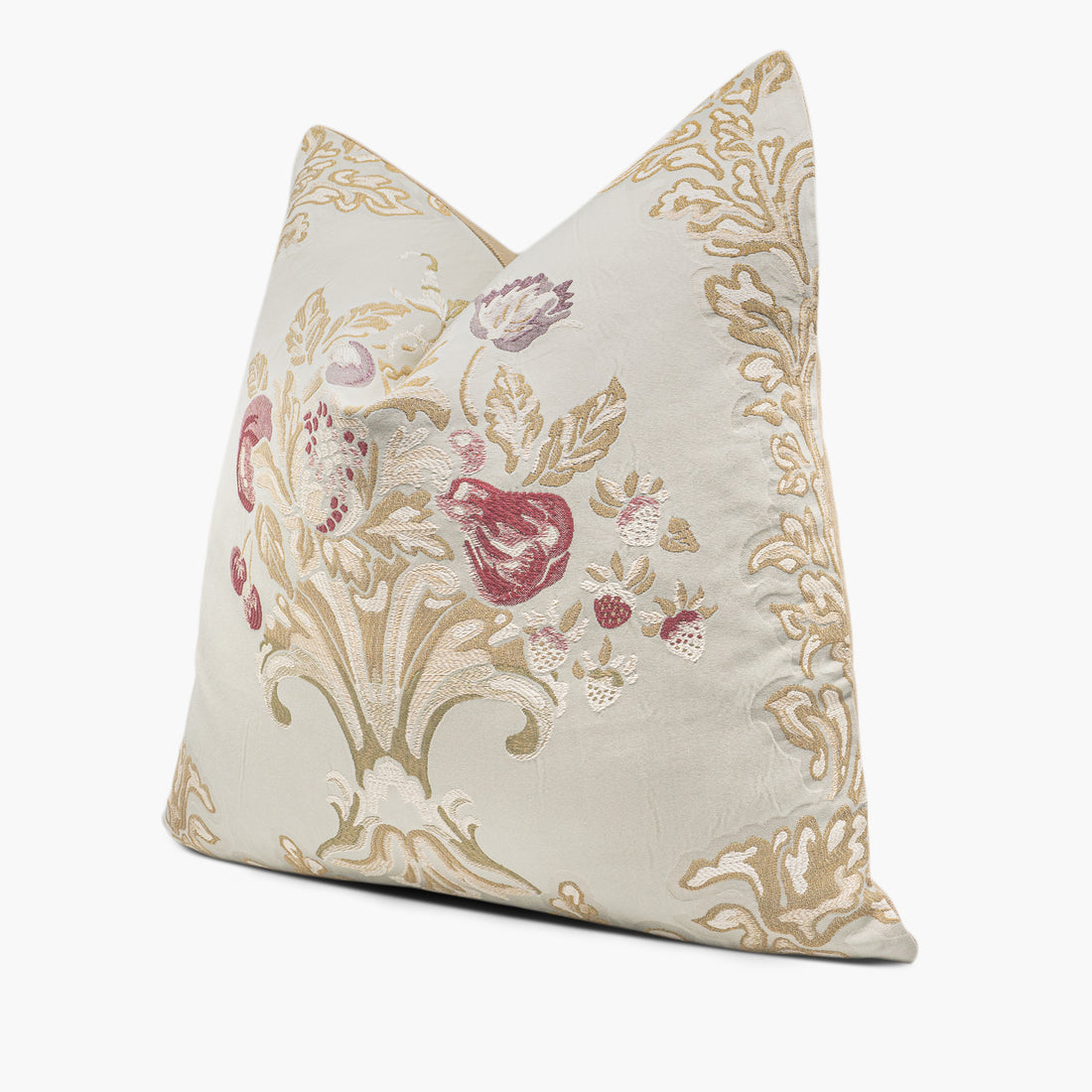 Side view of light green and red floral throw pillow featuring Robert Allen Mulini Mist fabric