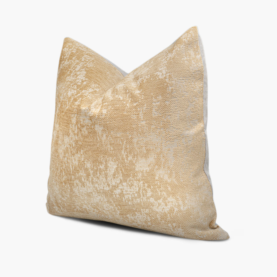 Side view of burnout velvet throw pillow in gold