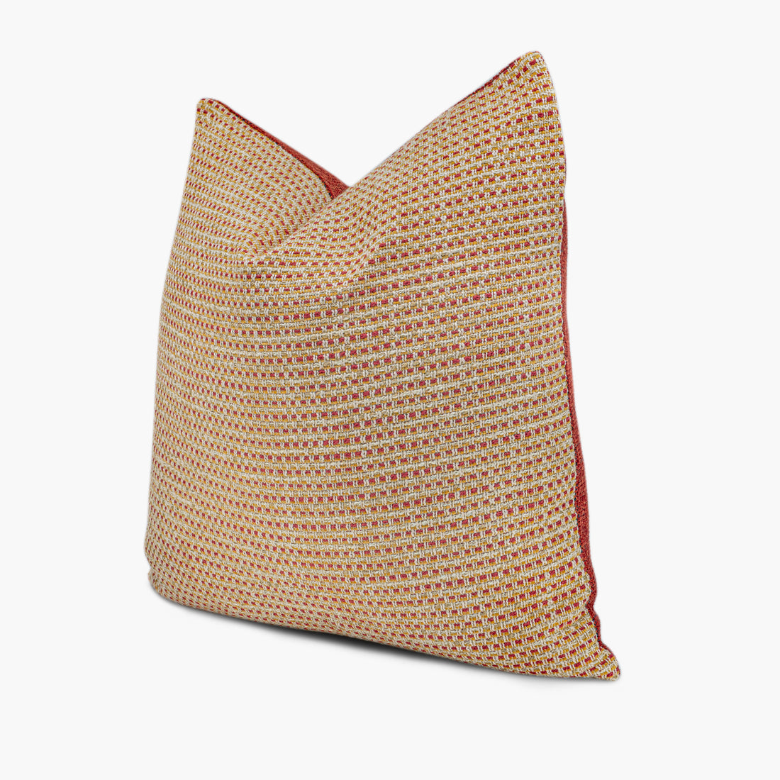 Side view of gold and red chenille throw pillow