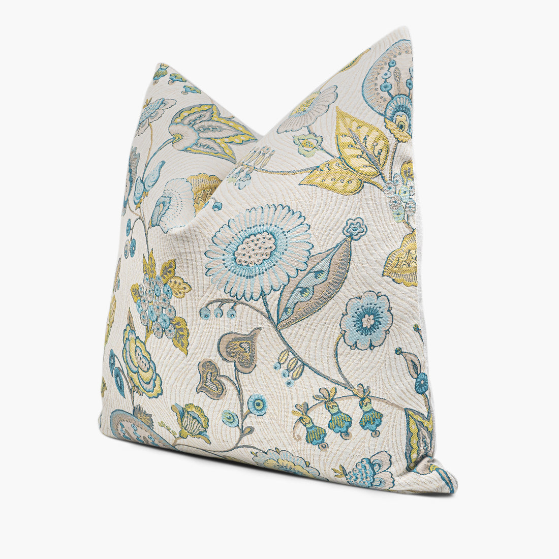 Side view of jacobean floral throw pillow cushion with Flowerhill Peacock fabric in blue and green