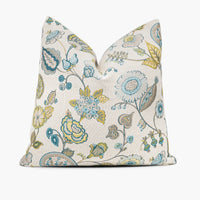 Jacobean floral throw pillow cushion with Flowerhill Peacock fabric in blue and green