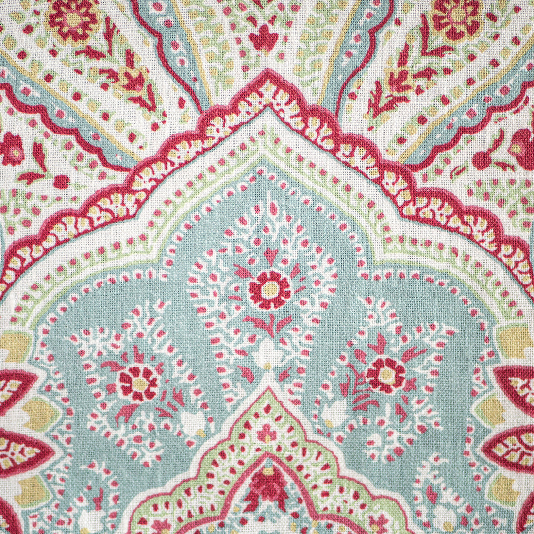 Kravet Echocyprus Carnival fabric in aqua blue mint green and raspberry red