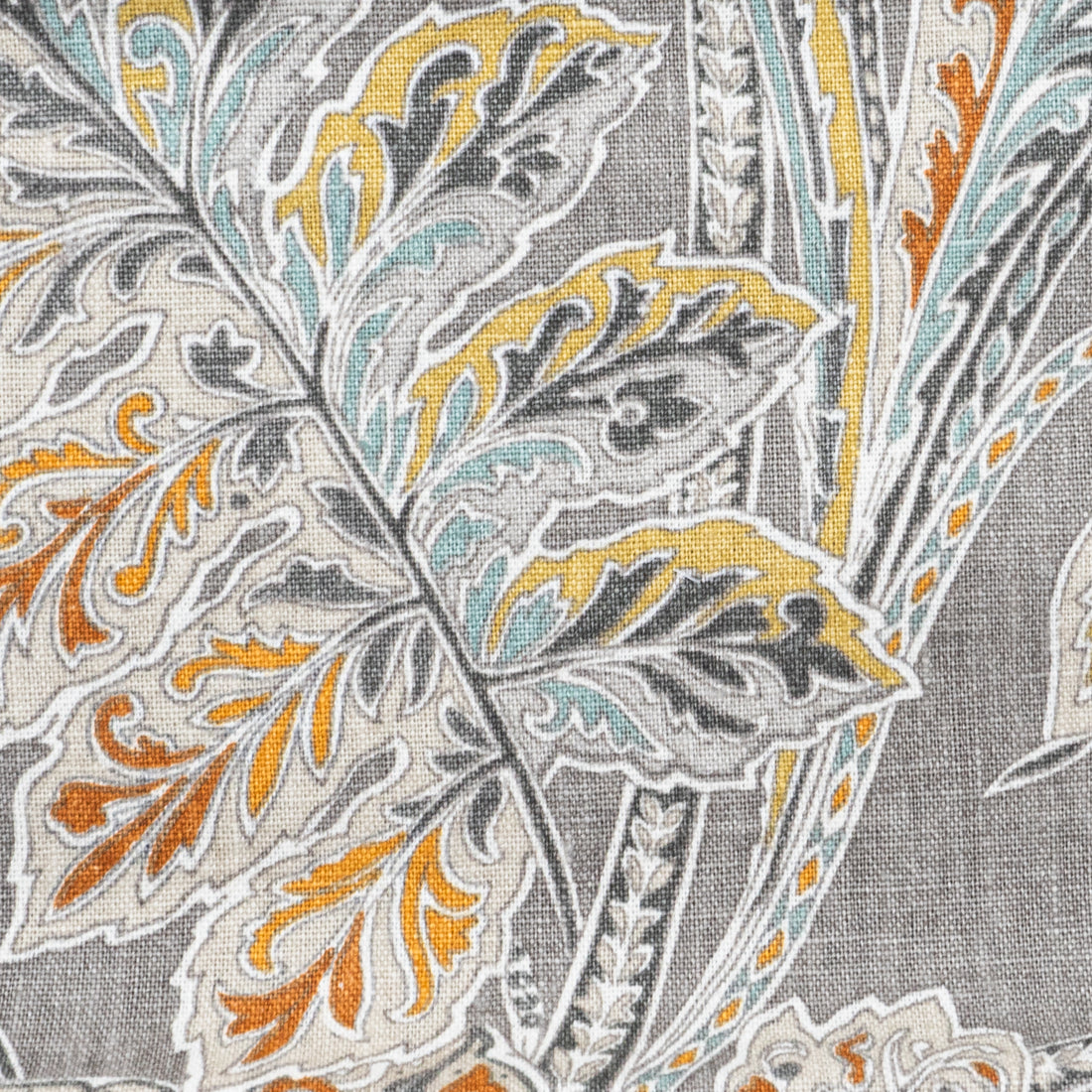 Detailed close-up of the Ishana Turmeric floral linen fabric from Kravet