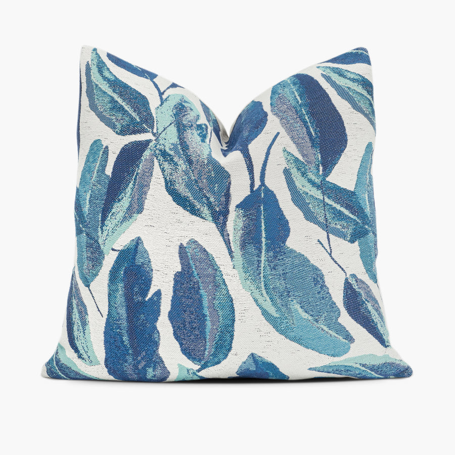 Blue and teal throw pillow cushion with Justina Blakeney Maldives Leaves fabric