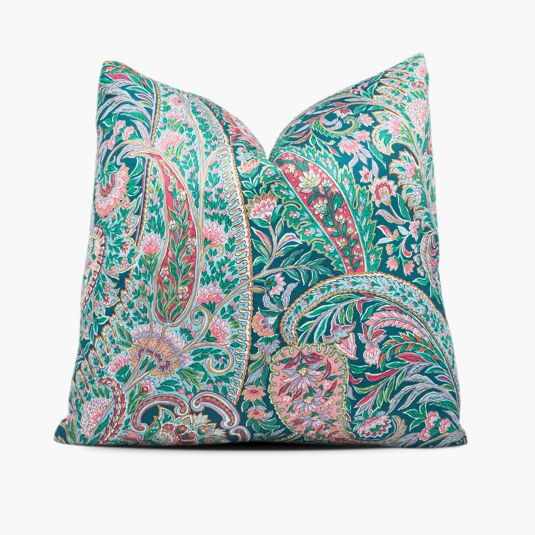 Maximalist paisley throw pillow cushion in teal, pink, and duck egg blue