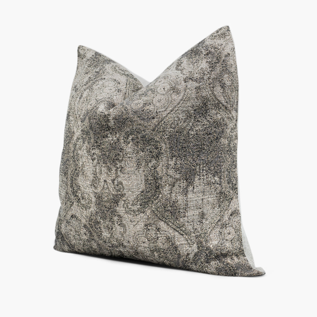 Side view of pewter gray damask throw pillow