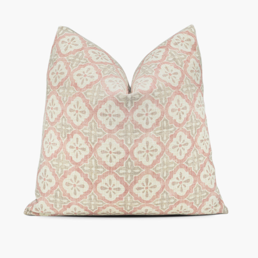 Quatrefoil geometric throw pillow cushion in dusty pink and taupe