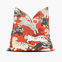 Red tiger print throw pillow with black and white tigers