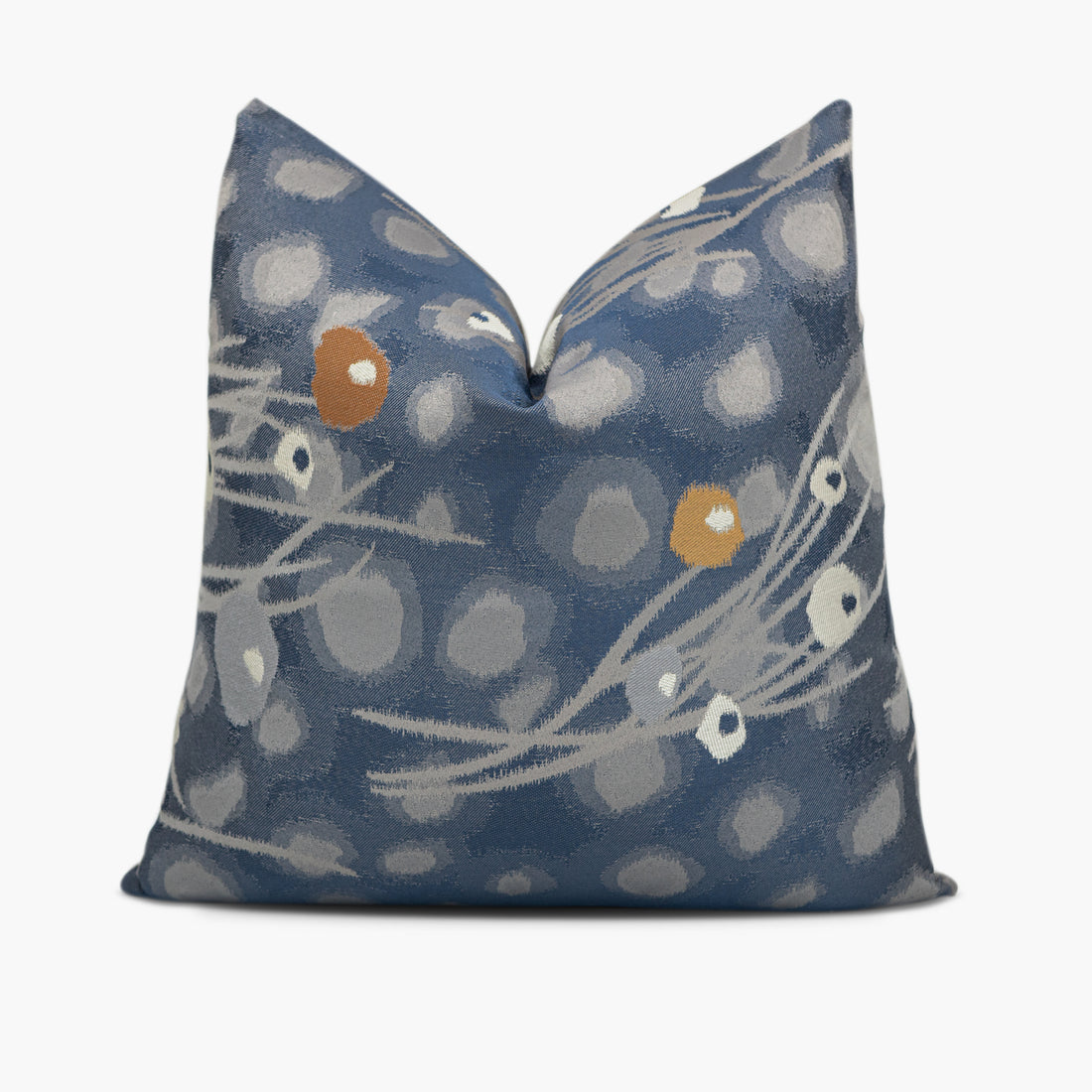 Blue and gray throw pillow with an abstract dandelion motif