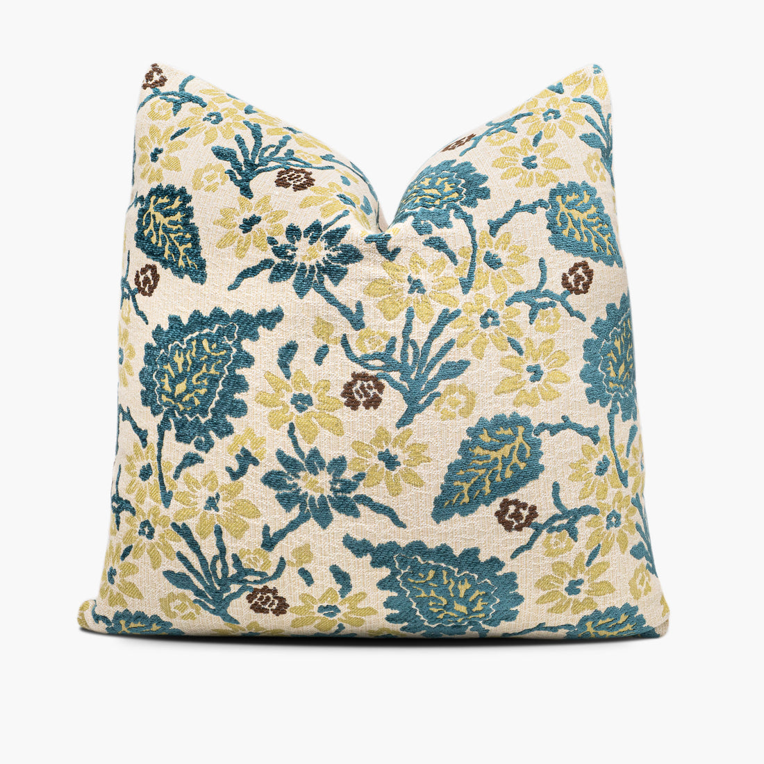 A chenille throw pillow with a floral motif is shown from the front. The motif features yellow flowers and teal leaves.