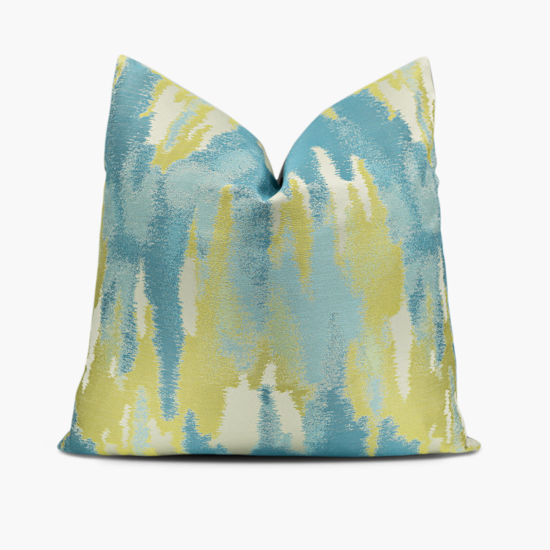 Turquoise blue and citron yellow throw pillow with an abstract watercolor motif