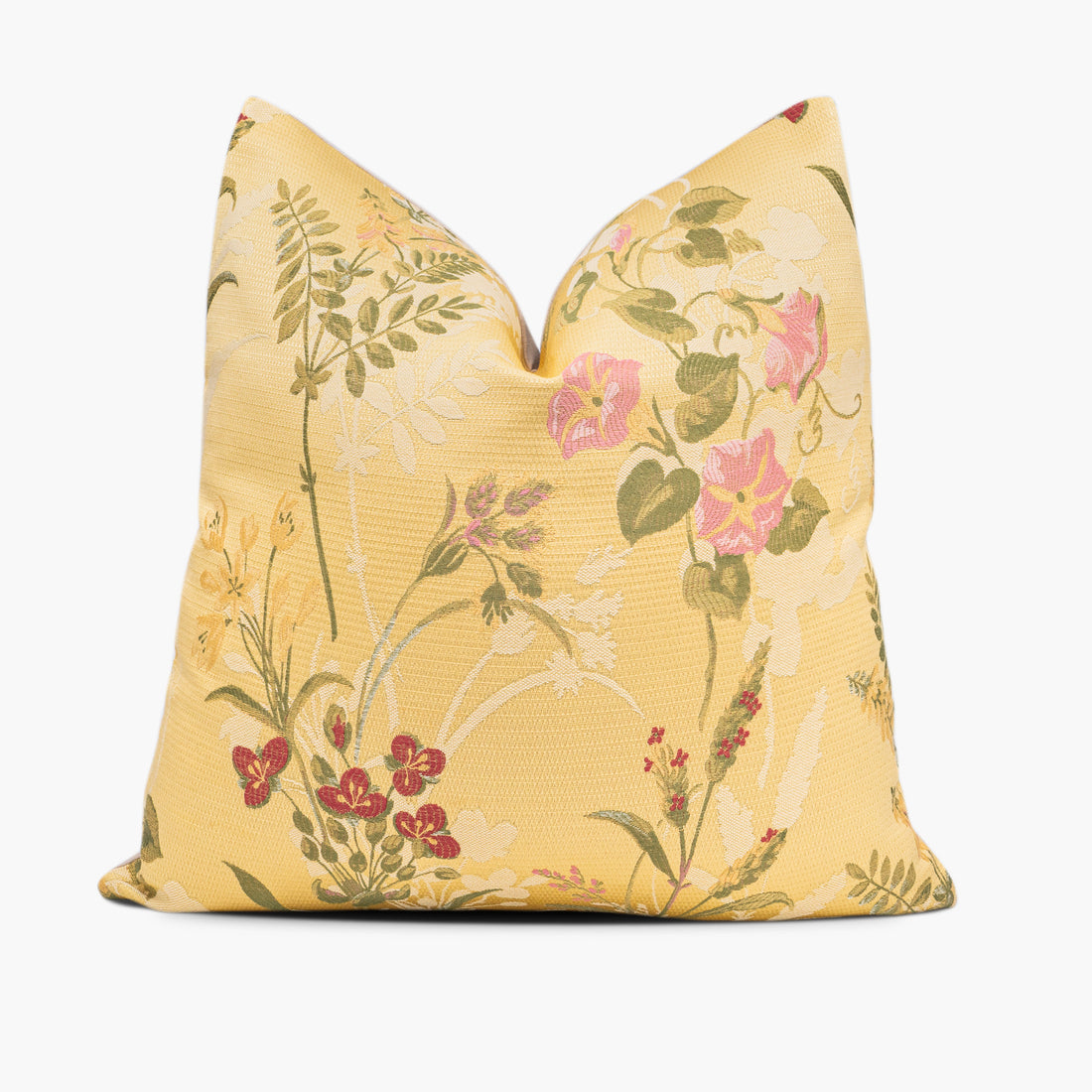 Yellow floral throw pillow with pink morning glories